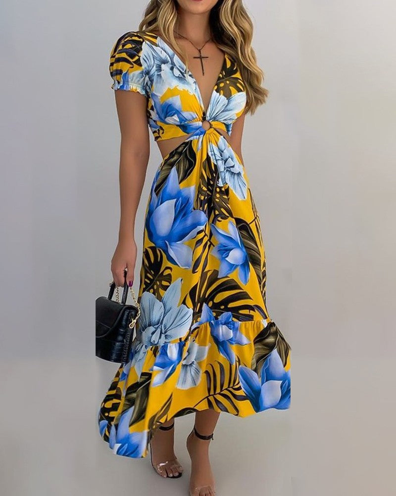 Floral Print Short Sleeve Loose Midi Dress