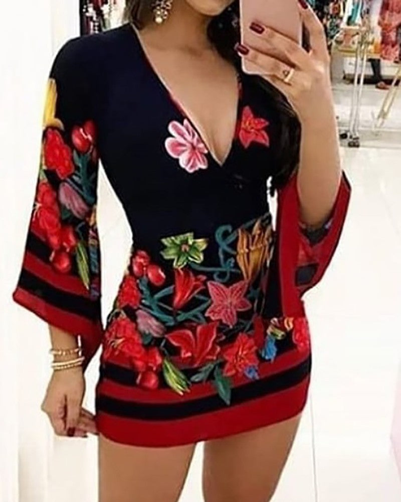 Plunge Bell Sleeve Floral Print Dress