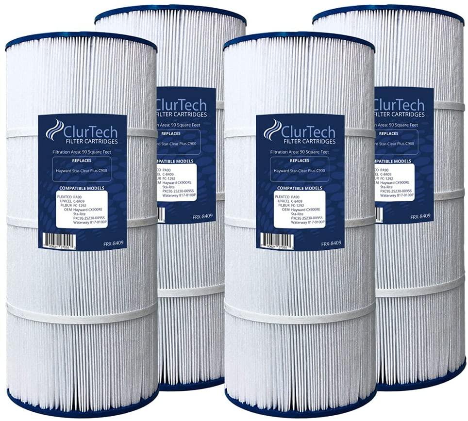 ClurTech FRX-8409-4 Replacement 4 Pack Hayward Star-Clear Plus C900 Pool Filter Cartridge PA90 C-8409 FC-1292 CX900RE PXC95 25230-0095S 817-0100P, White