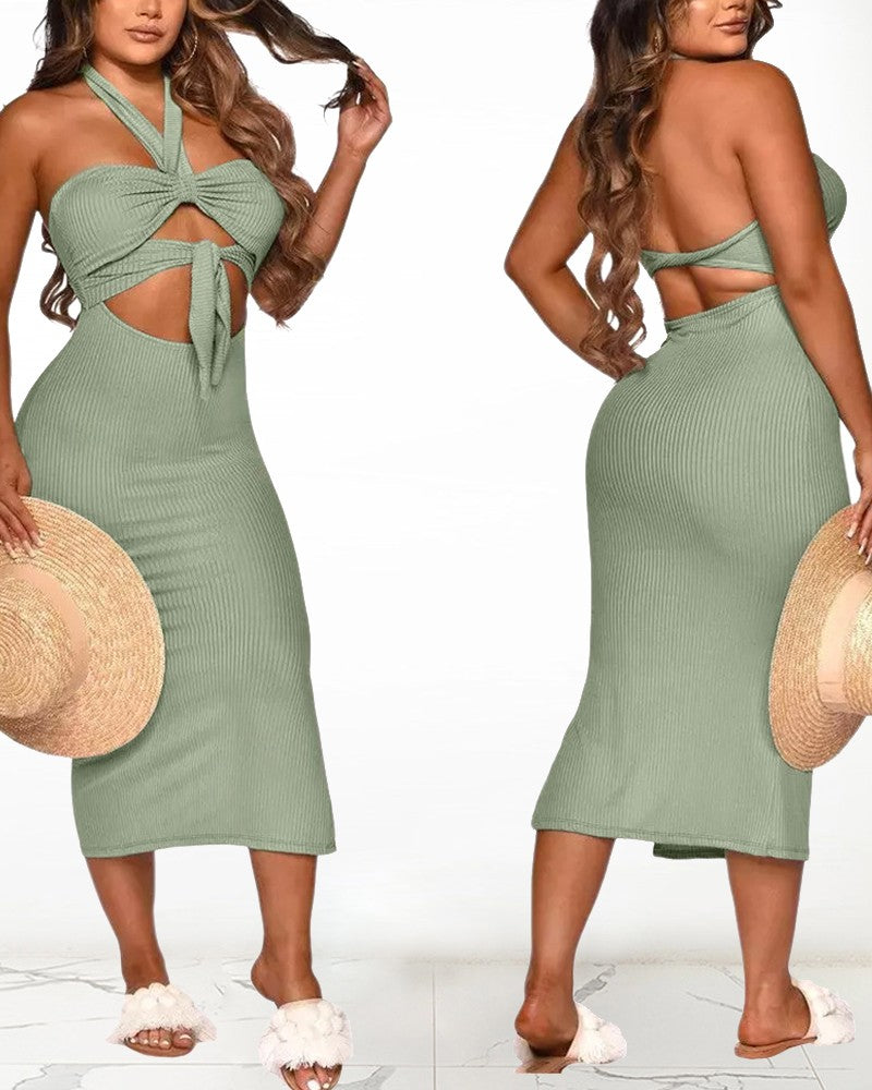 Solid Color Backless Cut-out Halter Sleeveless Knitted Maxi Dress