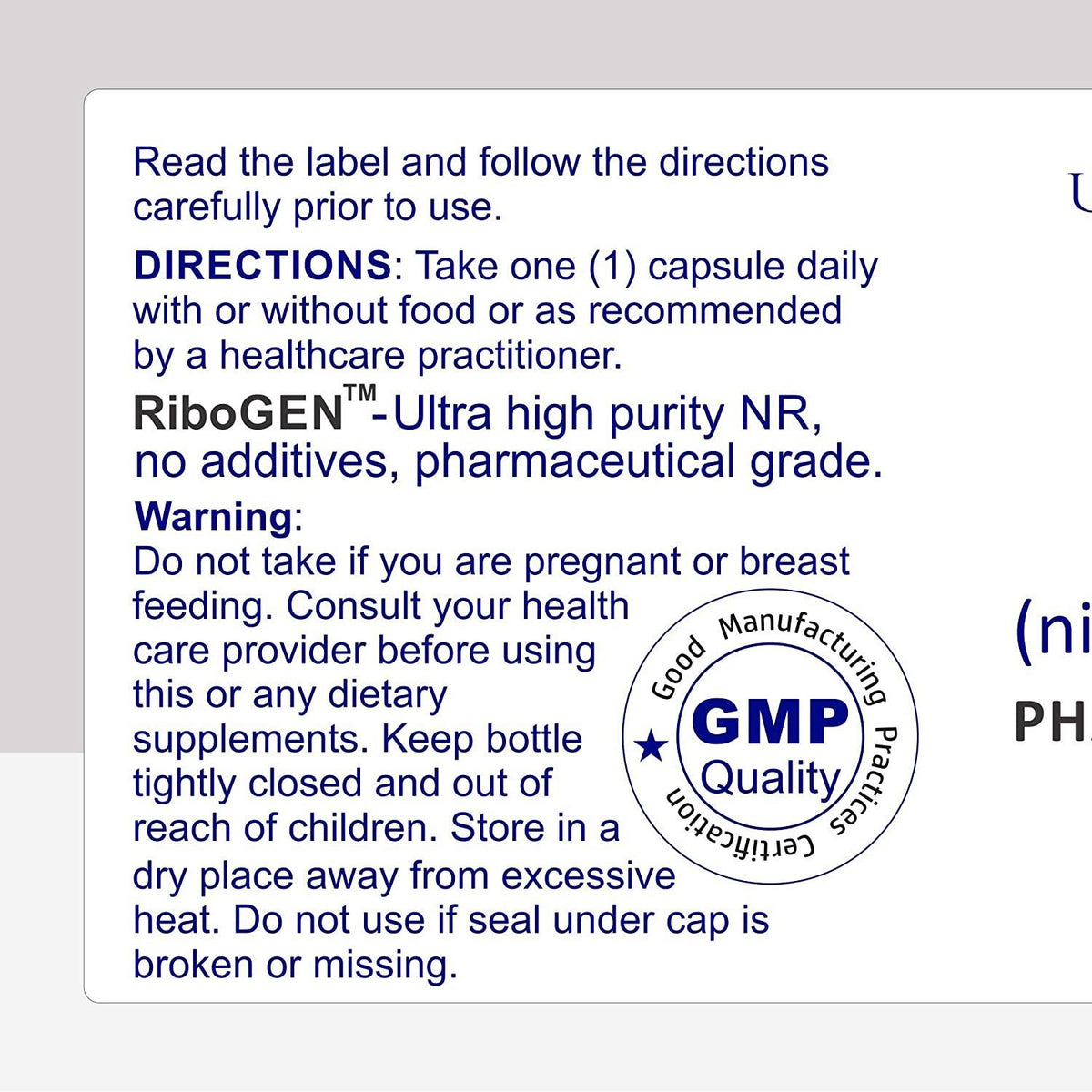 NR 60 (100% RiboGEN™) nicotinamide riboside. Ultra-Pure Pharmaceutical Grade. No additives just 99.5%+ NR. 300mg Veg caps, 60-Day Supply. UltraHealth Posts its COA and HPLC Data no Other Company Does