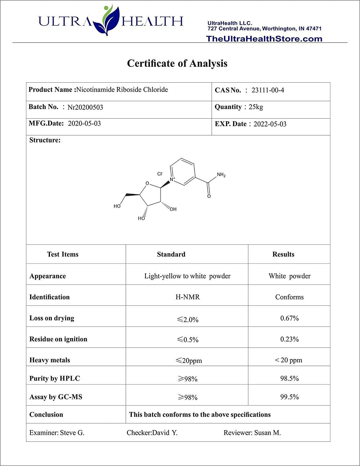 NR 60 (100% RiboGEN™) nicotinamide riboside. Ultra-Pure Pharmaceutical Grade. No additives just 99.5%+ NR. 300mg Veg caps, 60-Day Supply. UltraHealth Posts its COA and HPLC Data no Other Company Does