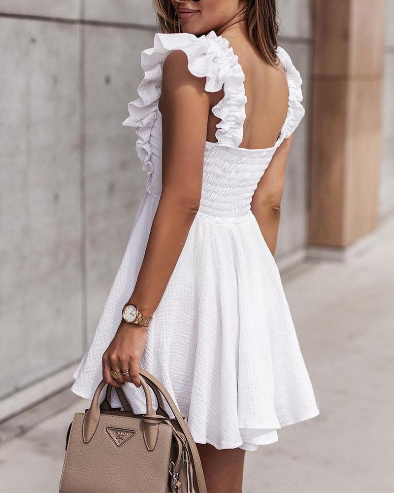 Solid Color Ruffle Hem ny Waist Sleeveless Mini Dress