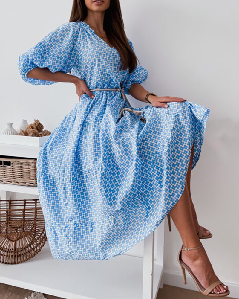 Lantern Sleeve Graphic Print Casual Dress