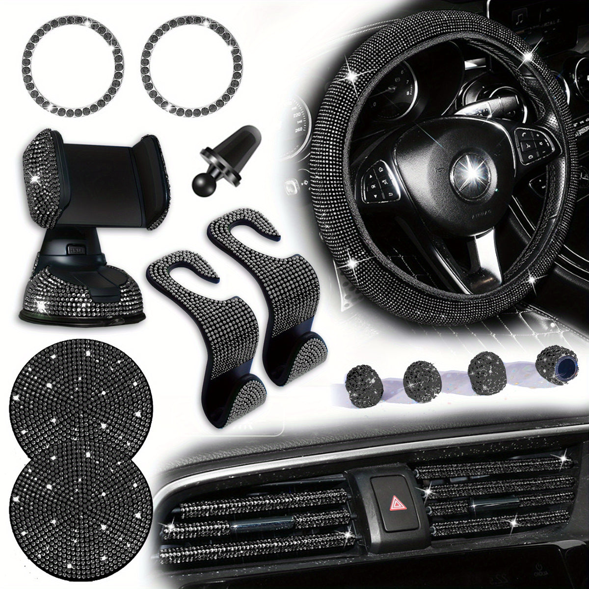 18pcs/set Light Luxury Hot Artificial Diamond Car Interior Set Crystal Steering Wheel Cover Mobile Phone Holder Women Car Interior Accessories