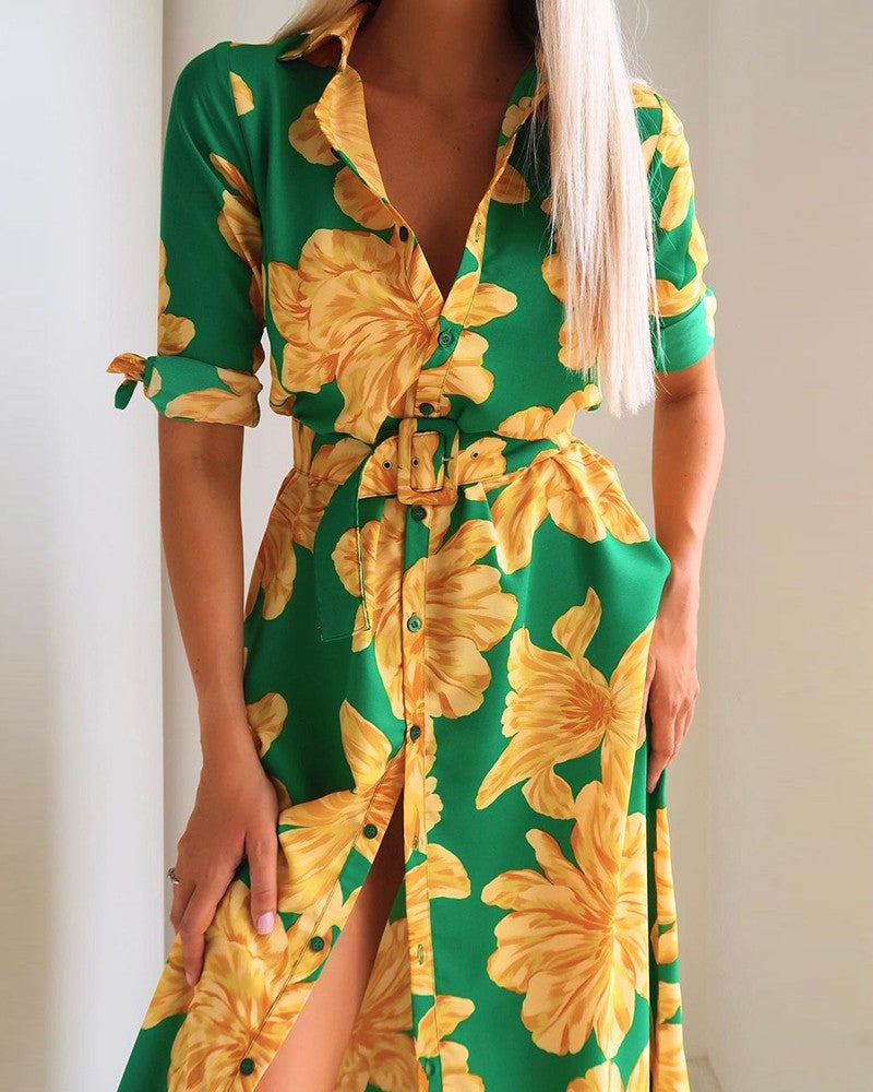 Floral Print Button Design Shirt Dress With Belt