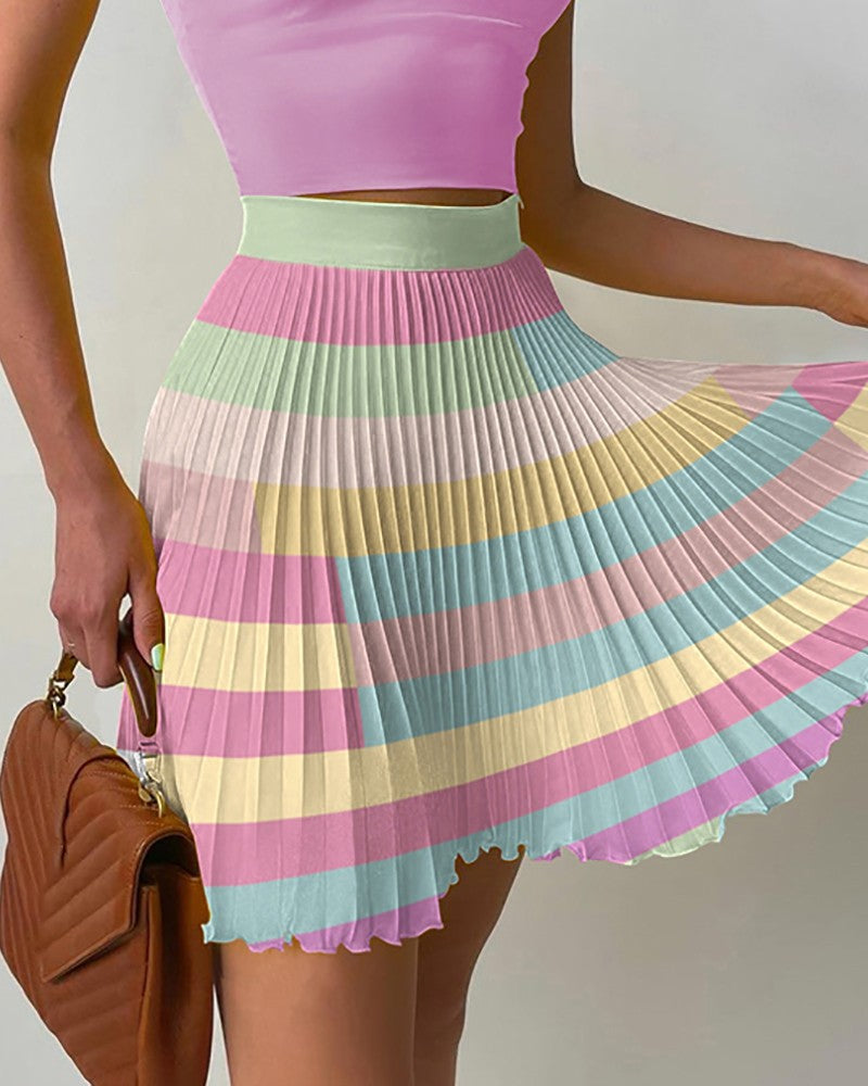 Sleeve Crop Top & Color Pleated Skirt Sets