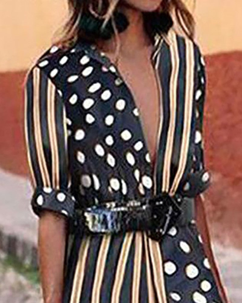 Dots & Stripes Plunge Slit Maxi Women Dress