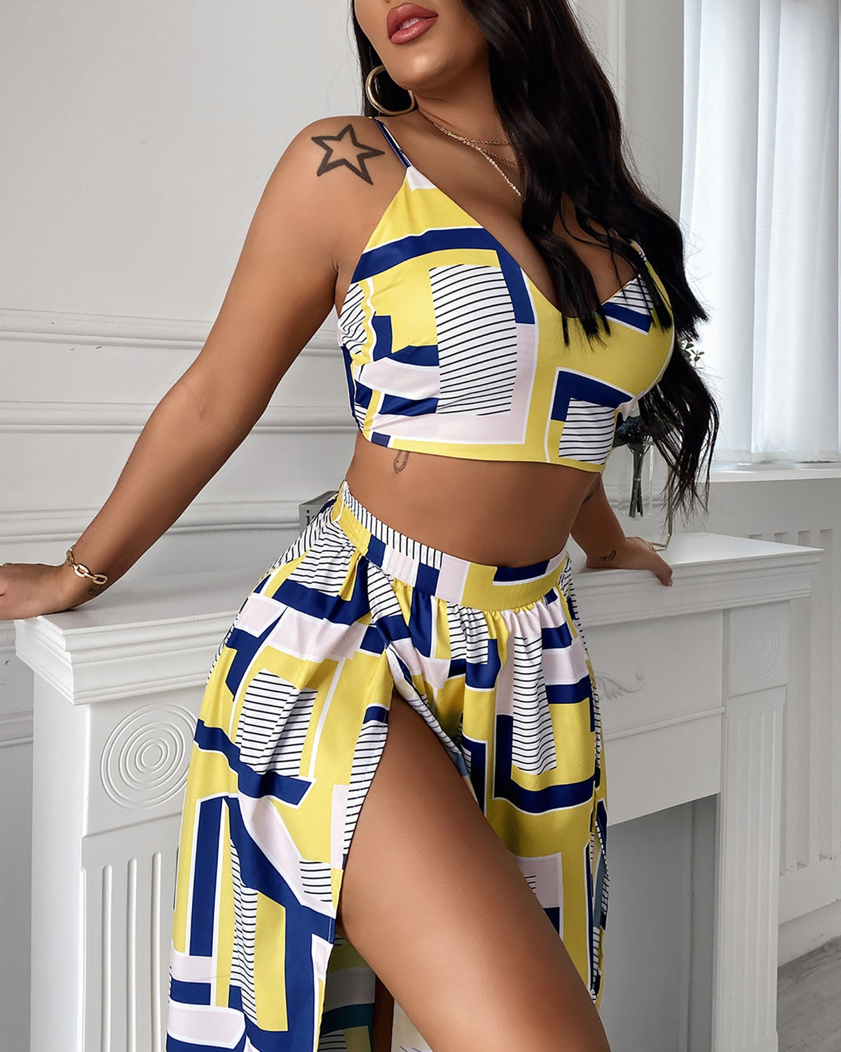 2 Pcs Crop Top & Maxi Skirt Set Sexy Color Women Sleeveless Vest & Geo Pattern High Slit Dress Suits