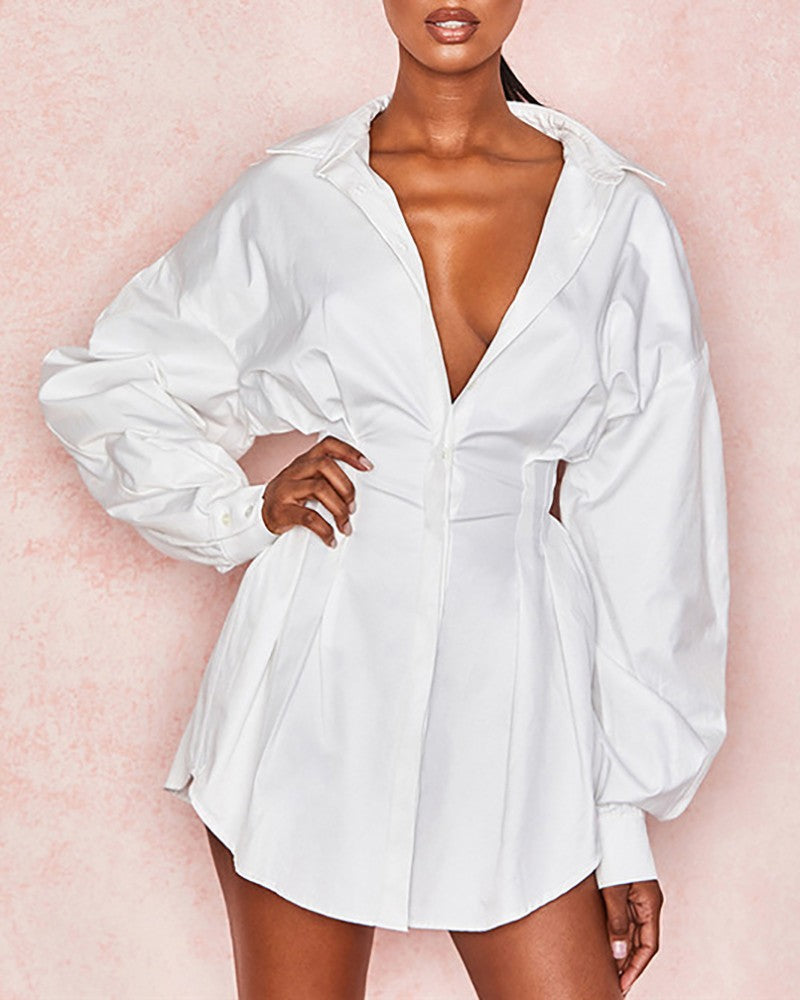Lantern Sleeve Button Design Shirt Dress Without Corset