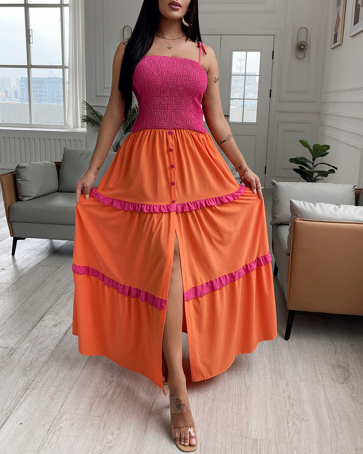 Shirred Frill Hem Buttoned Slit Color Maxi Dress