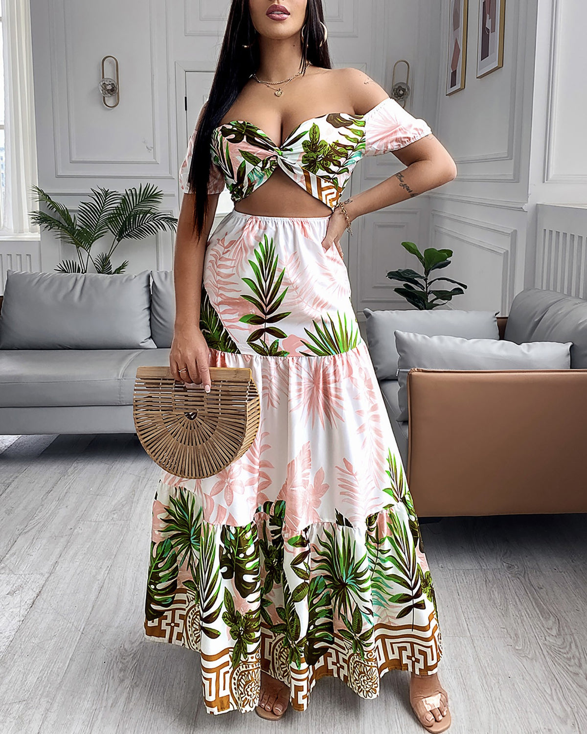 Tropical Print Hollow-out Design Off Shoulder V Neck Maxi Dress