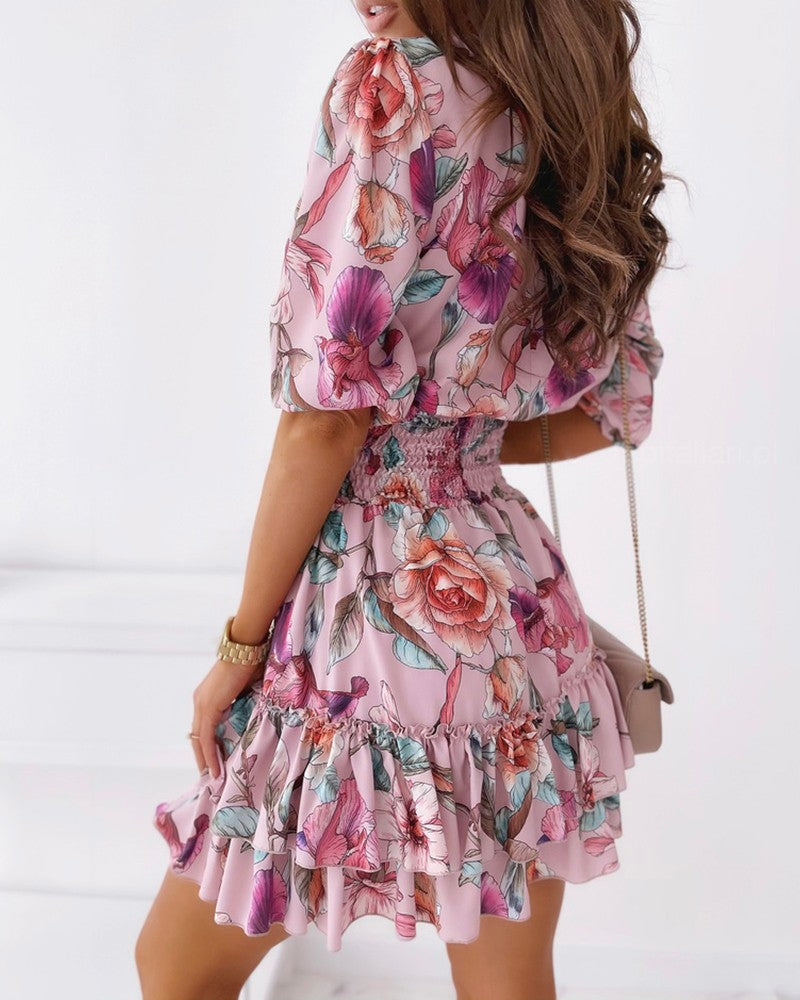Floral Print Shirring Detail Layered Ruffles Dress