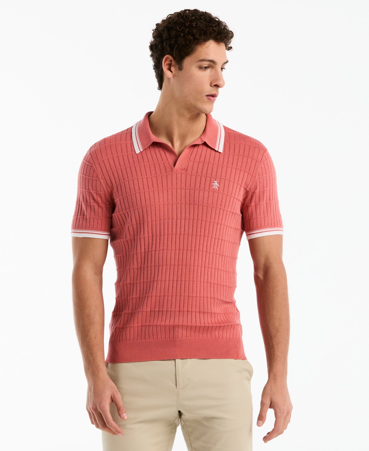 Grid Knit Johnny Collar Sweater Polo
