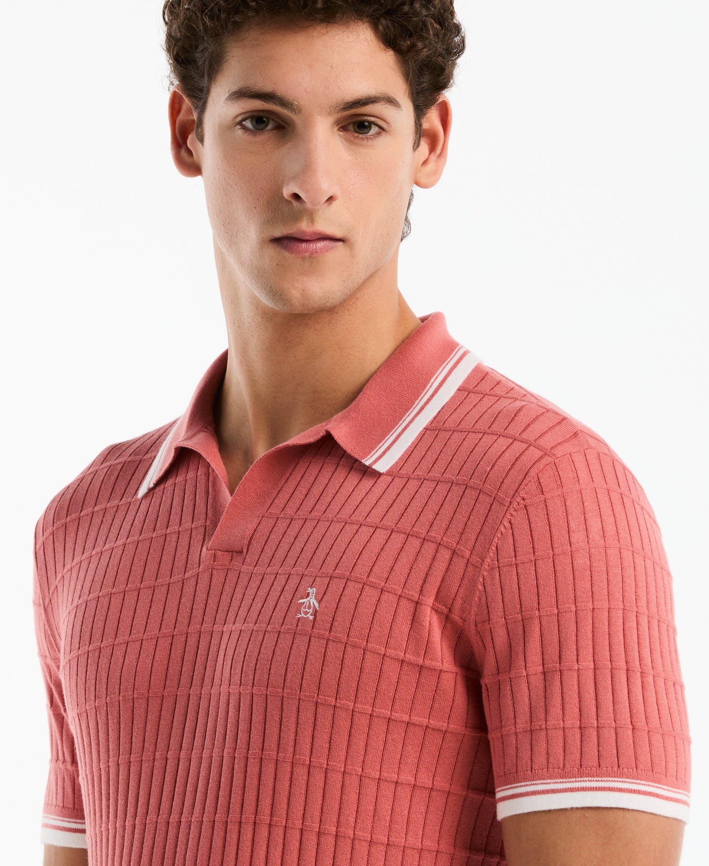 Grid Knit Johnny Collar Sweater Polo