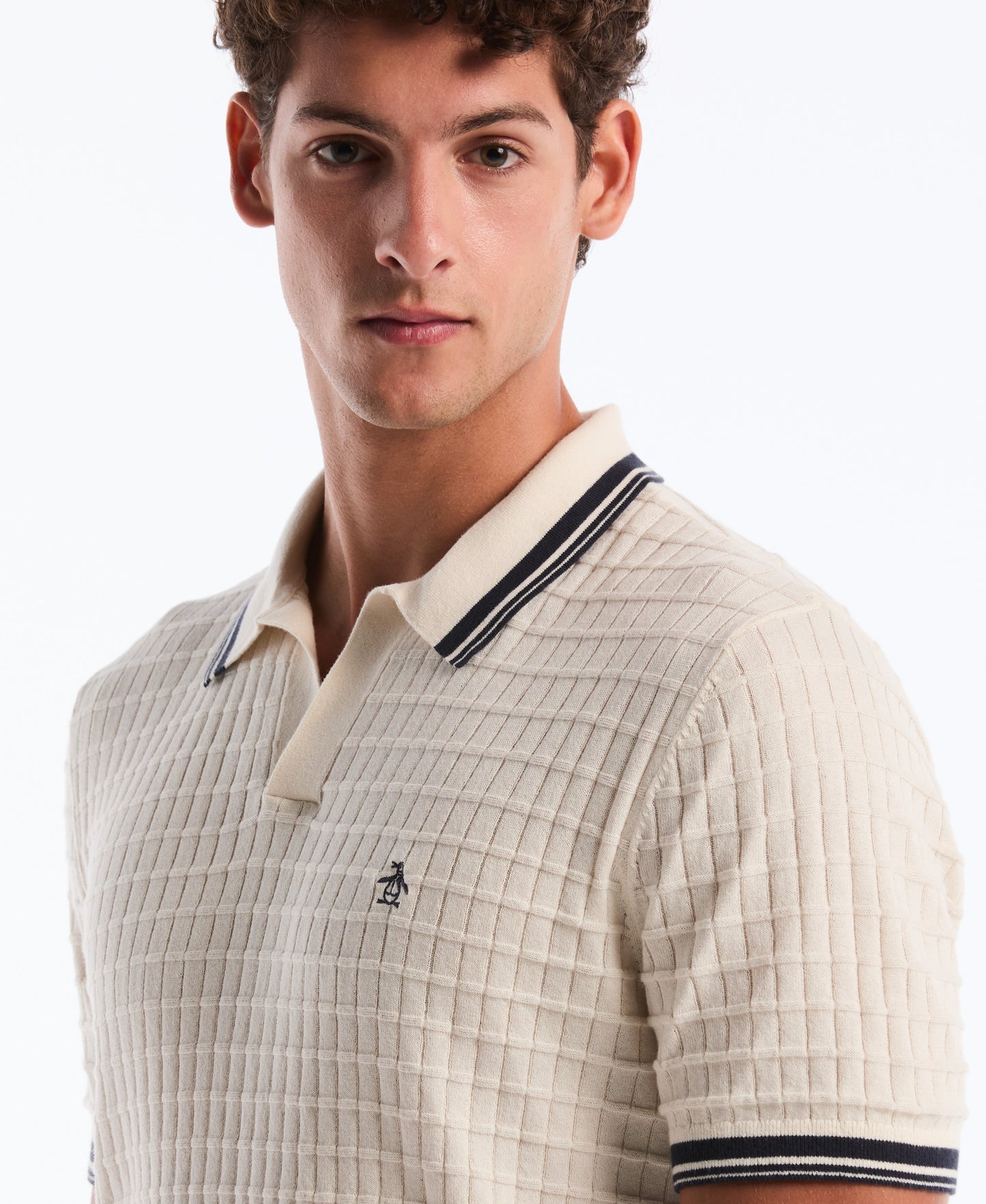 Grid Knit Johnny Collar Sweater Polo