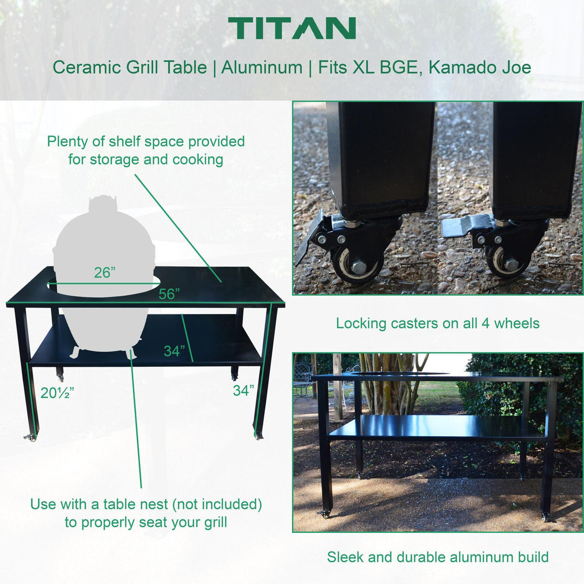 Titan Great Outdoors Kamado Joe BGE Grill Table Fits XL Ceramic Grills Aluminum