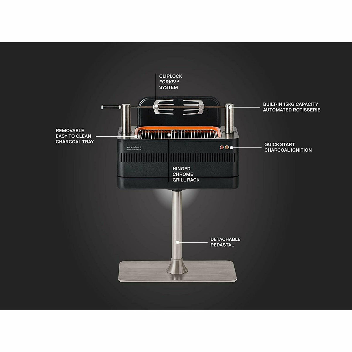 Everdure by Heston Blumenthal FUSION 29 Inch Pedestal Charcoal Grill/Rotisserie
