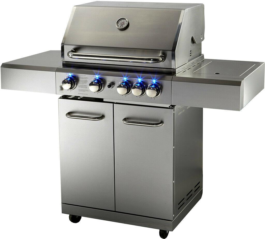 New Stainless Steel Outdoor Propane Gas BBQ 5 Burner Grill w/ Rotisserie + Cover