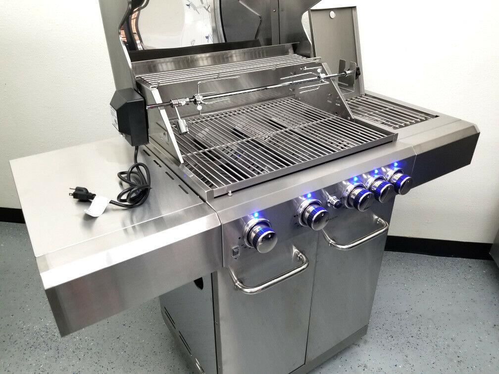 New Stainless Steel Outdoor Propane Gas BBQ 5 Burner Grill w/ Rotisserie + Cover