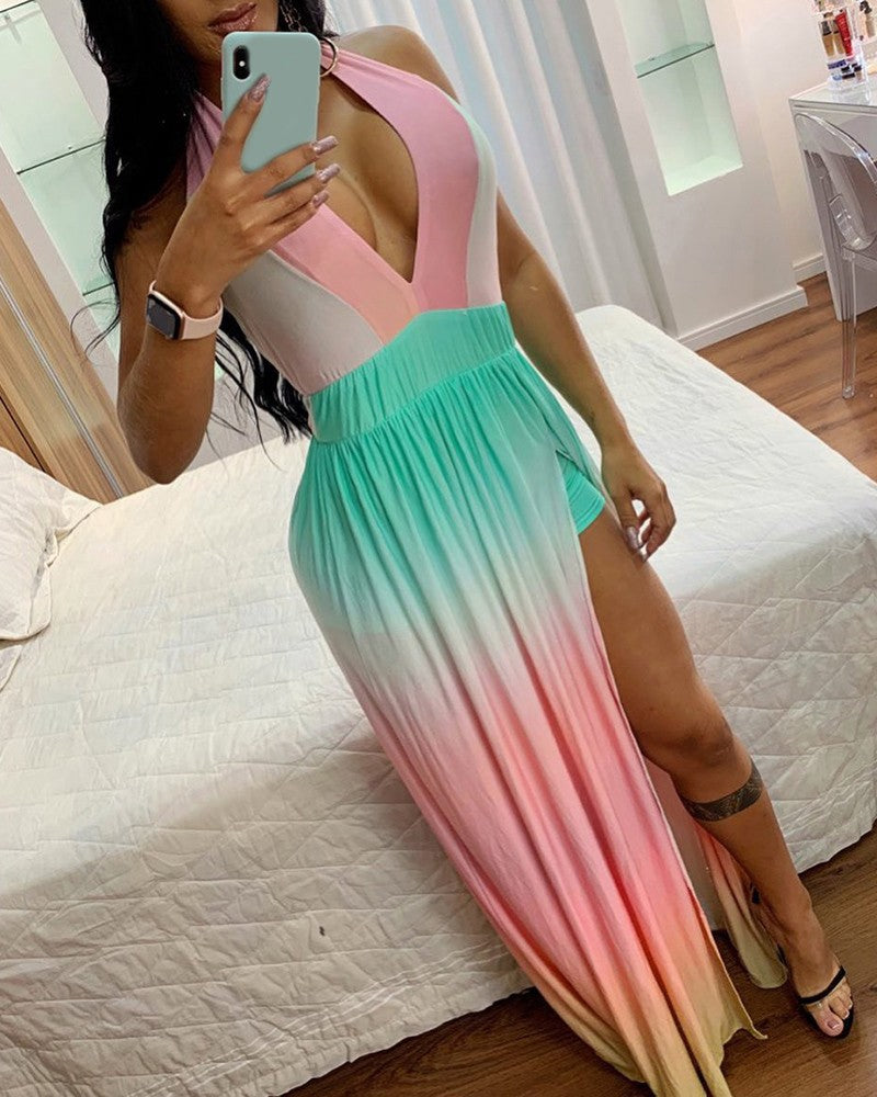 Color High Slit Ruched Plunge Maxi Dress