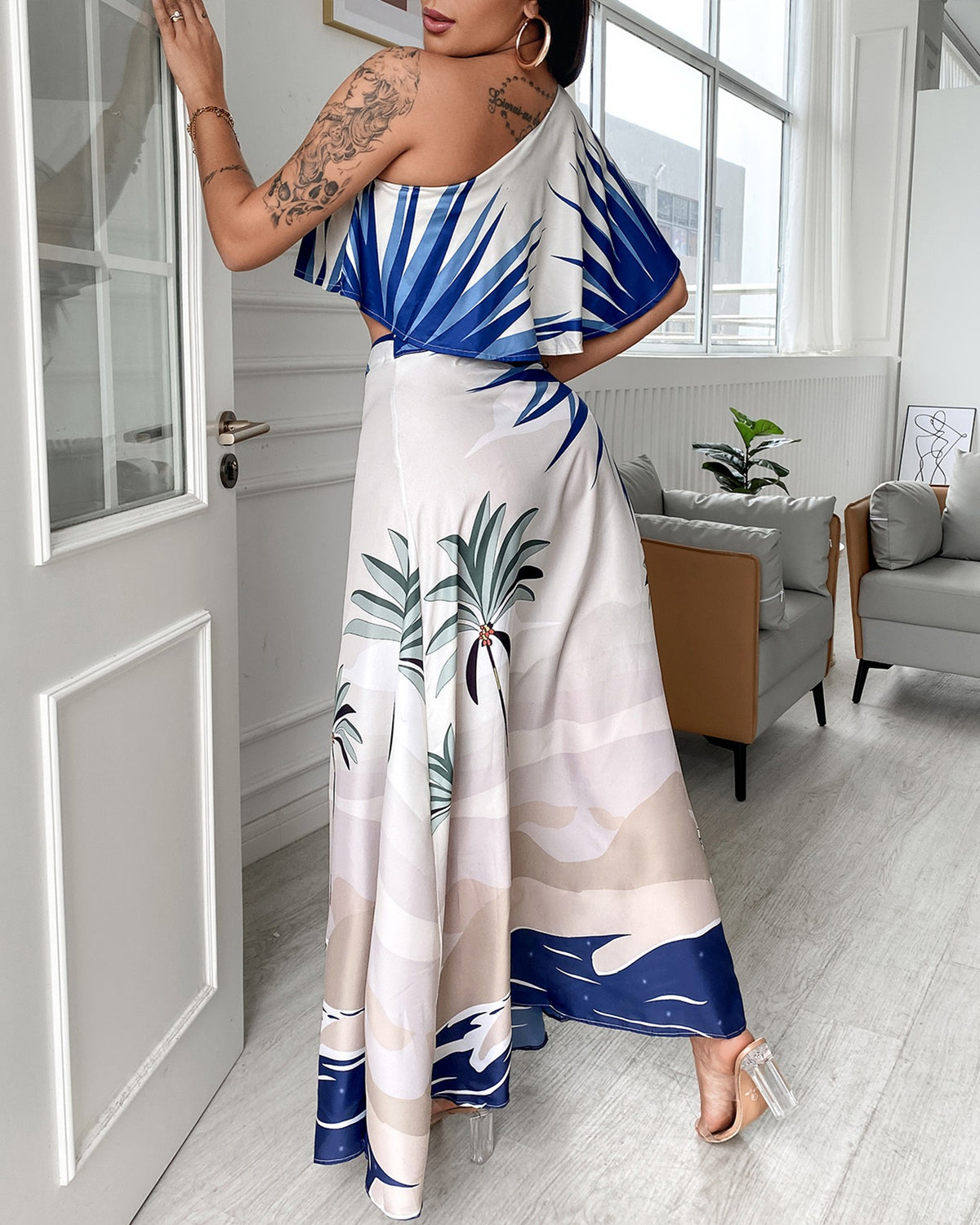 Tropical Print One Shoulder Ruffles Hem Top & Maxi Skirt Set