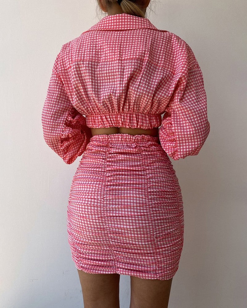 Plaid Print Lantern Sleeve Crop Top & Ruched Skirt Set
