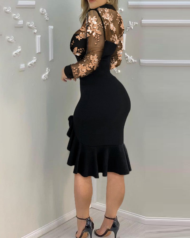 Slit Ruffles Hem Embroidery Lace Floral Pattern Long Sleeve Slimming Dress Sexy Elegant Casual Party dress