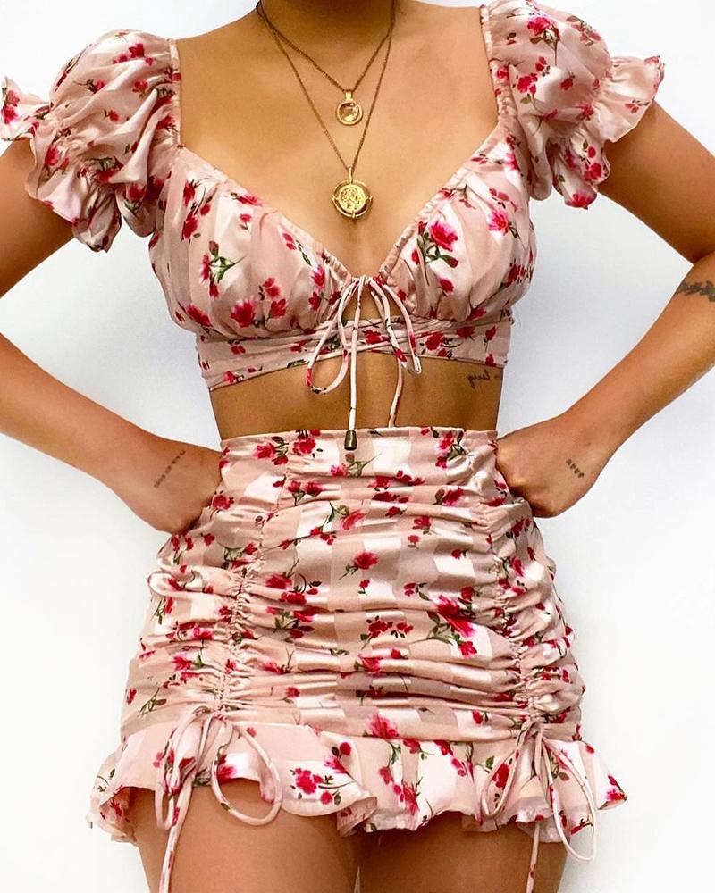 Ditsy Floral Print Frill Hem Tied Detail Top & Ruched Skirt Set