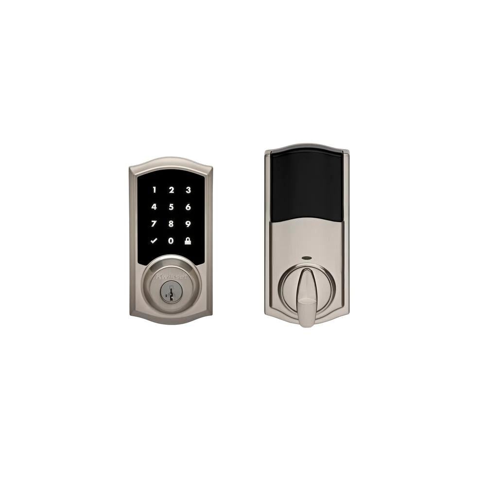 Premis Touchscreen Smart Lock Single Cylinder Satin Nickel Electronic with Avalon Handleset and Tustin Door Lever