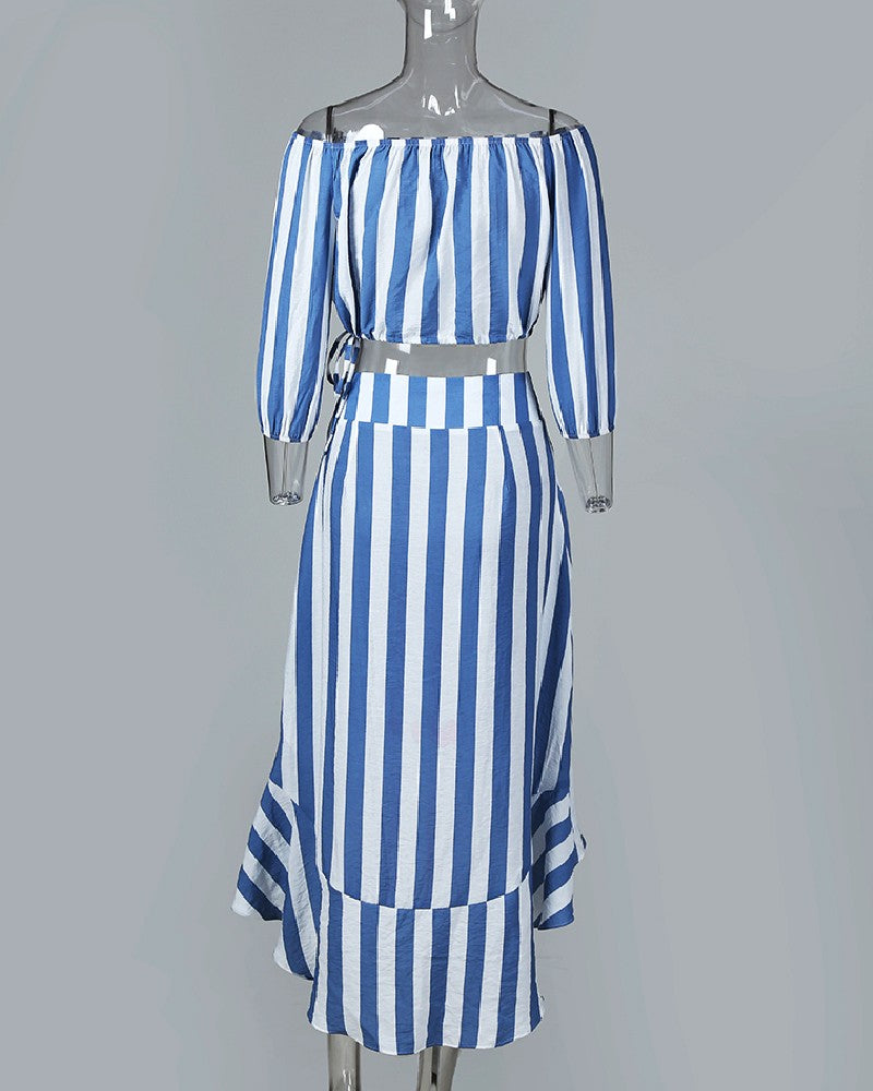 Striped Off Shoulder Top & Ruffles Skirt Sets