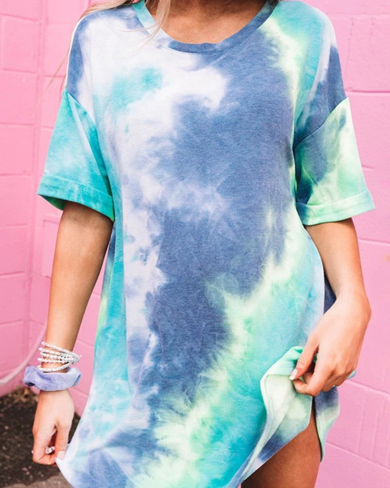 Tie Dye Print Pockets Casual Women Dress