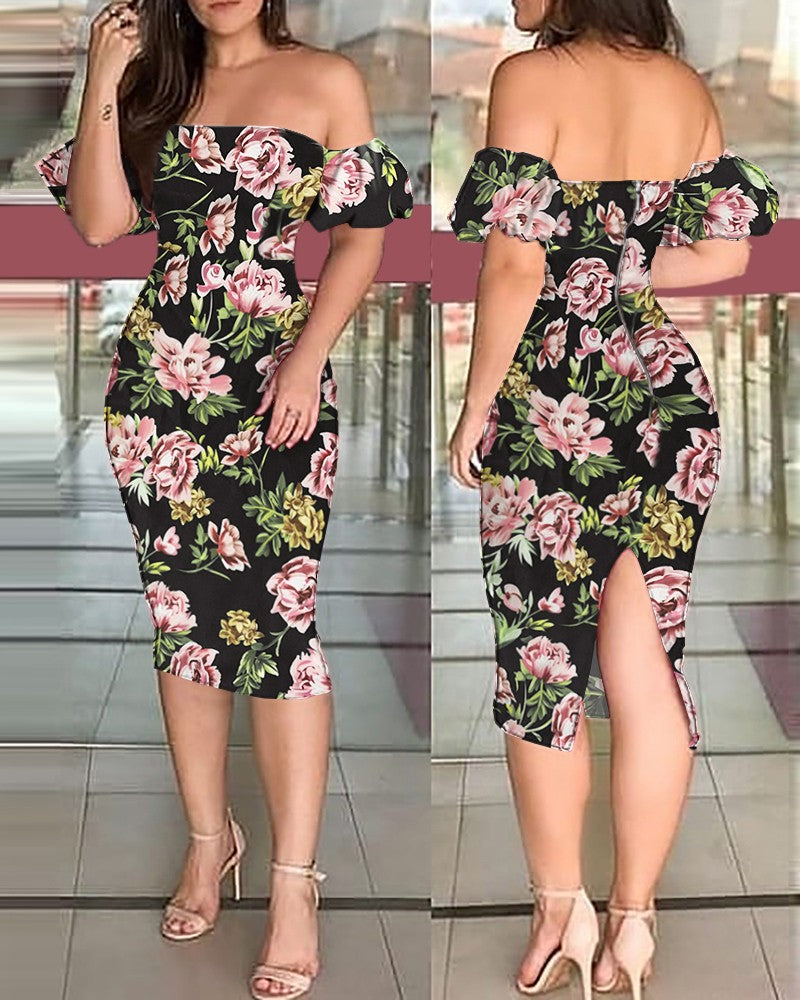 Off Shoulder Floral Print Short Sleeve Dress