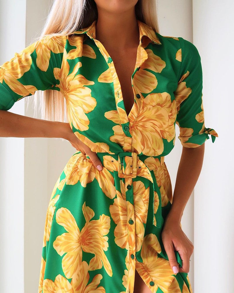 Floral Print Button Design Shirt Dress With Belt