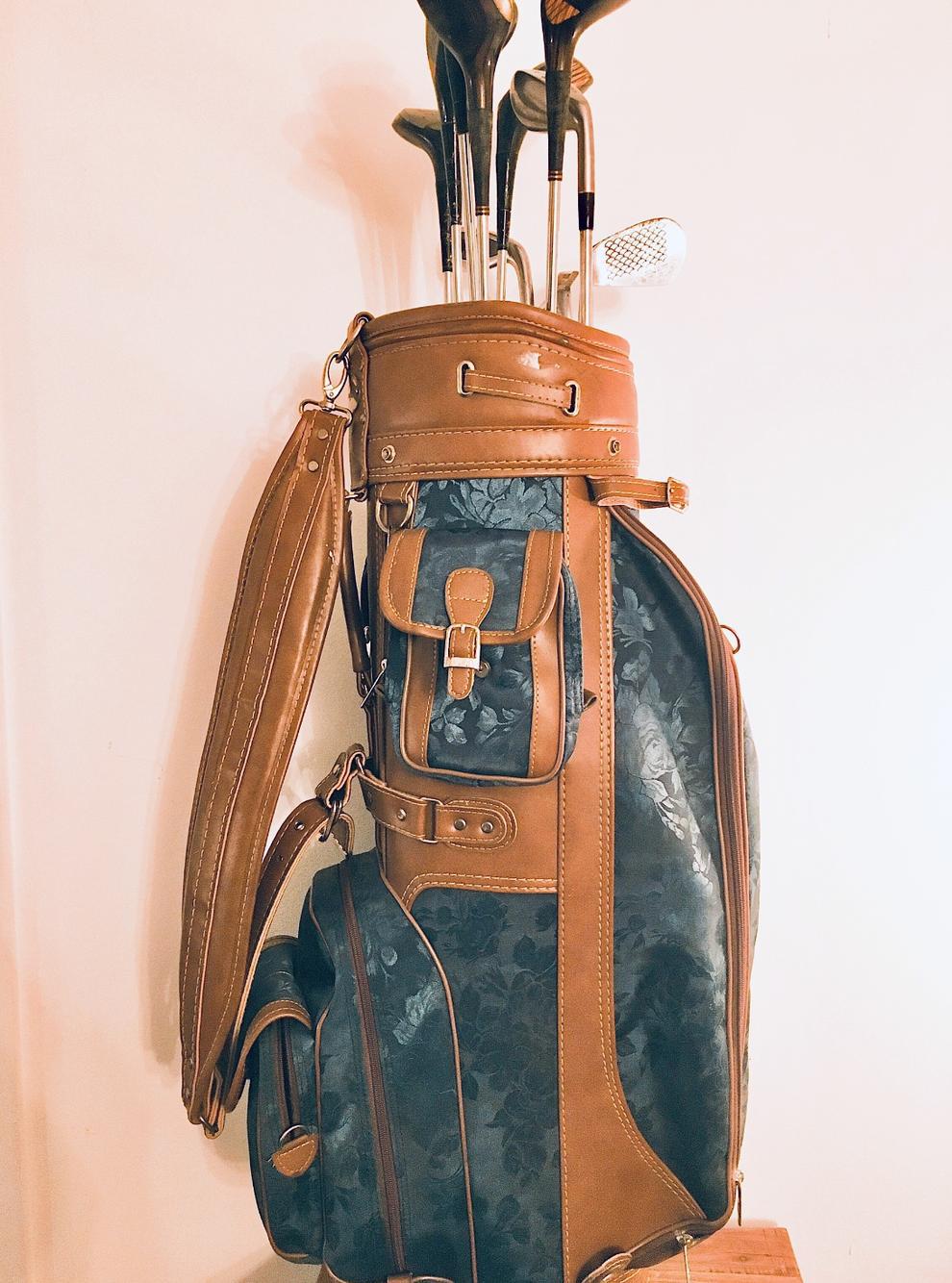 Vtg Bennington 6-Way Divider Leather/Rose-Print Single Strap Golf Bag