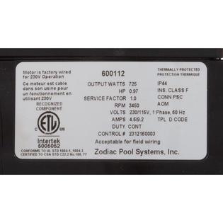 Motor, Zodiac PB4SQ, 0.97hp, 115v/230v, 725 Watt