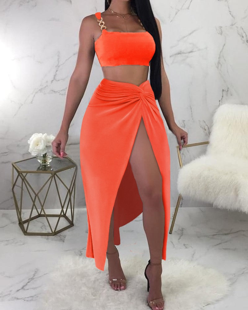 Chain Strap Crop Top & High Slit Twisted Skirt Set