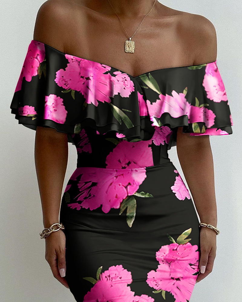 Floral Print Off Shoulder Ruffles ny Dress Slim Bodycon Dress Midi Dress