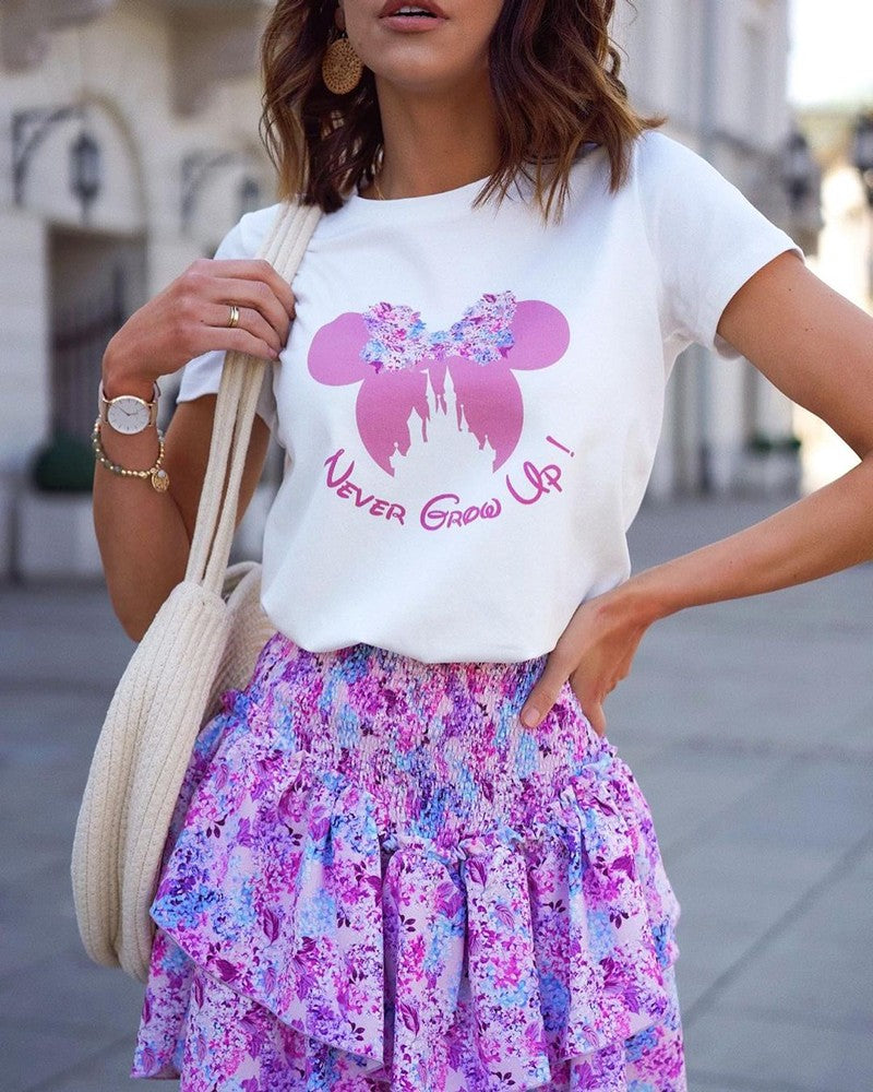 Letter Cartoon Print Top & Layered Ruffles Floral Print Skirt Set