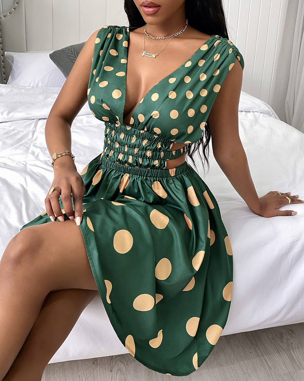 Cutout Waist Plunge Polkadot Print Dress