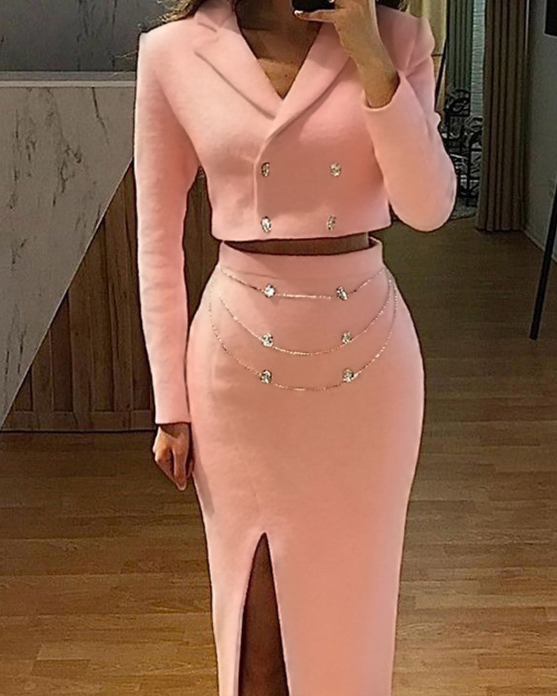 Double Breasted Blazer Coat & Slit Chain Strap Maxi Skirt Set