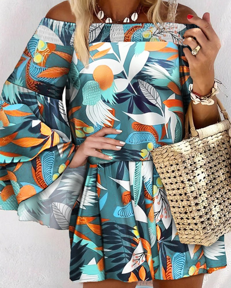 Off Shoulder Shirred Bell Sleeve Tropical Print Dress