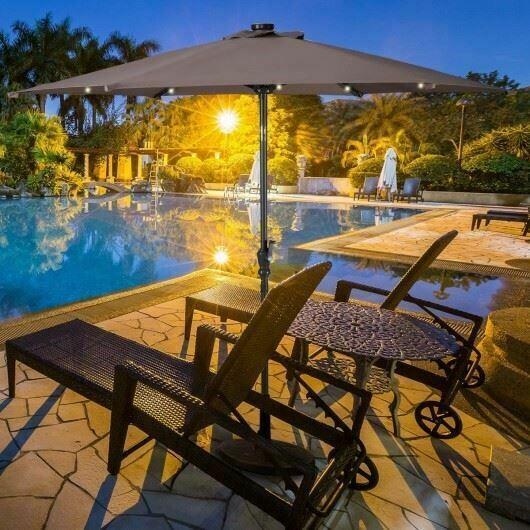 Durable 10' Patio Solar Umbrella LED Patio Market Steel Tilt W/ Crank OutdoorTan