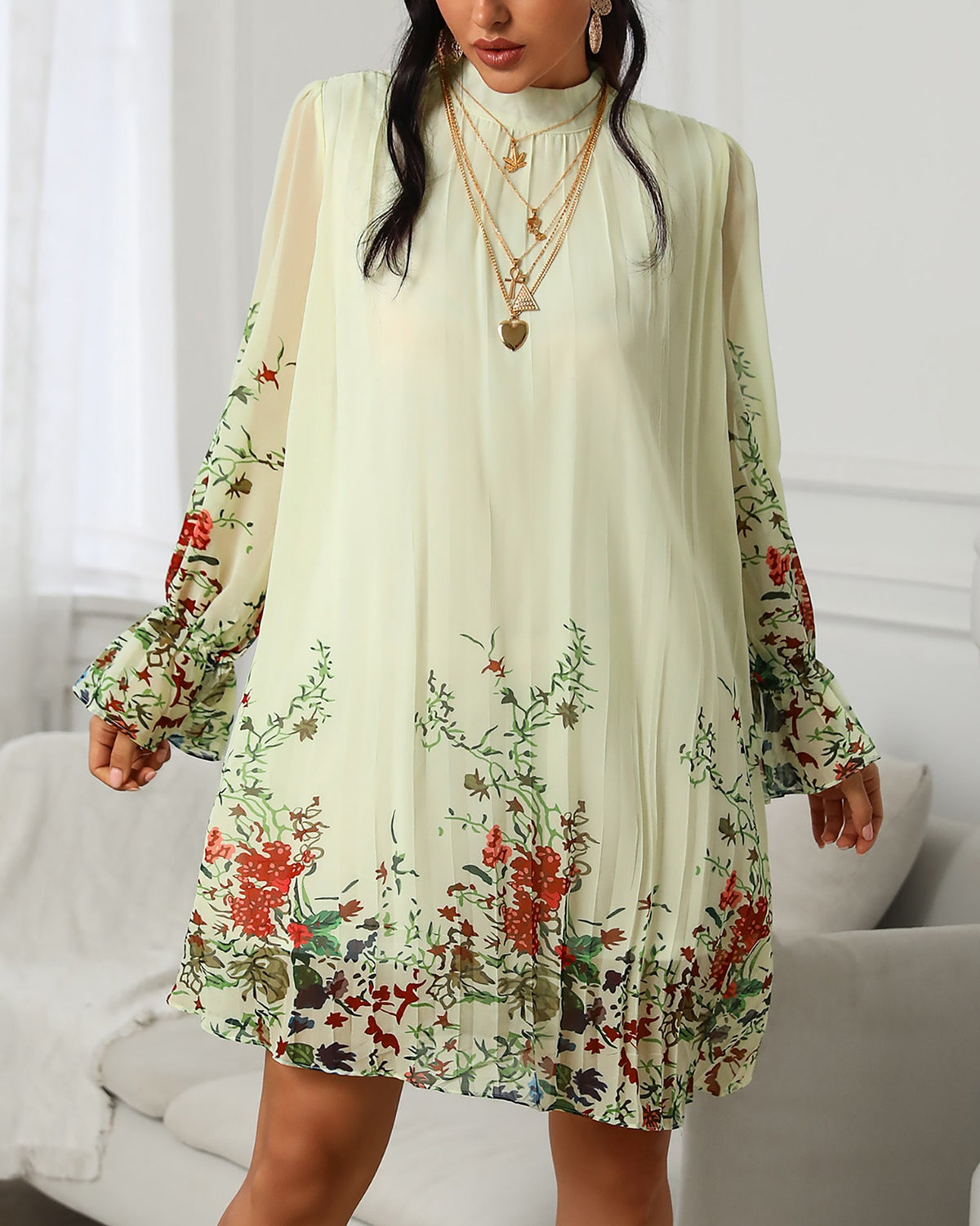 Florla Print Bell Cuff Ruched Casual Dress