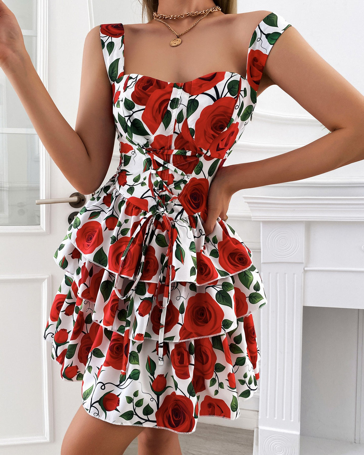 Layered Ruffles Lace-up Backless Floral Print Dress