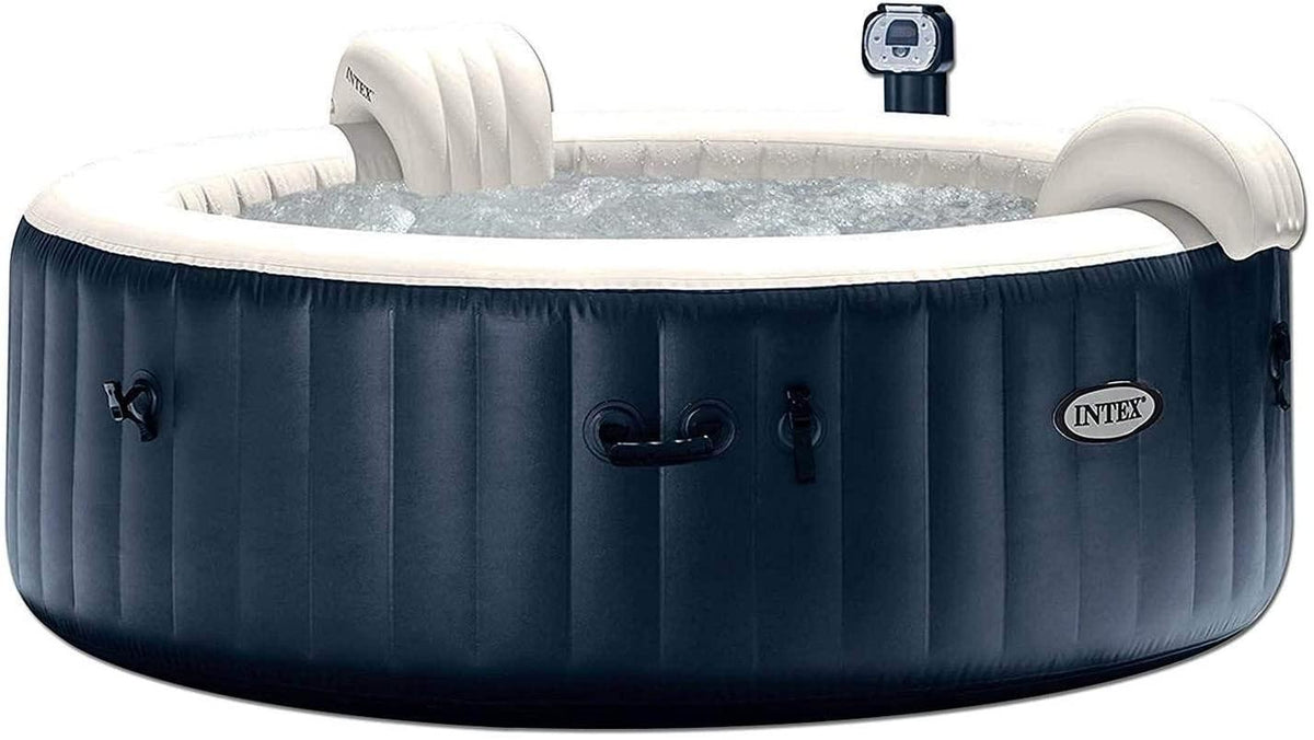 28409E PureSpa 6 Person Home Outdoor Inflatable Portable Heated Round Hot Tub Spa 85-inch x 28-inch with 170 Bubble Jets, Built in Heat Pump, Soft Foam Headrest, and Cup Holder/Drink Tray