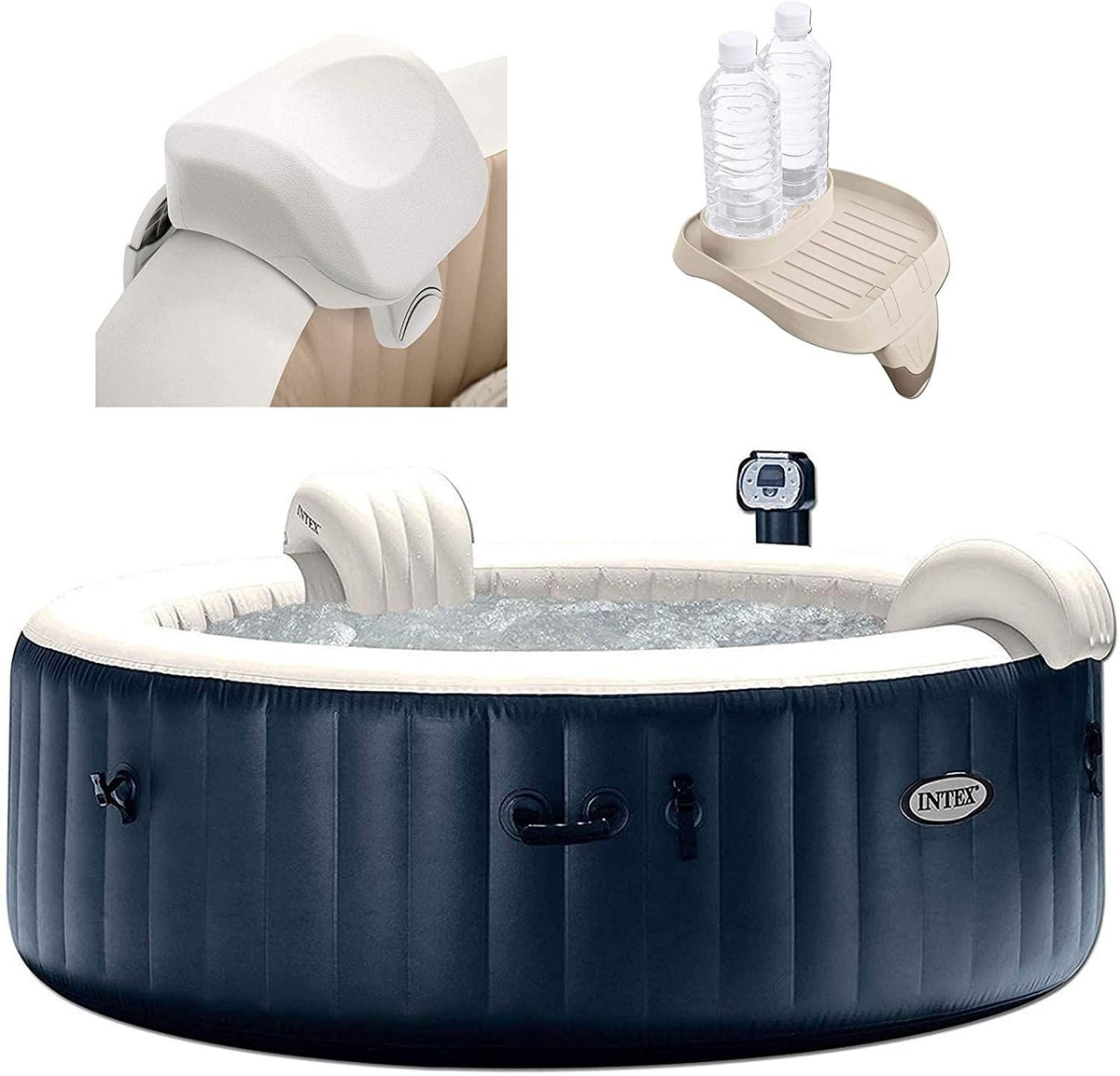 28409E PureSpa 6 Person Home Outdoor Inflatable Portable Heated Round Hot Tub Spa 85-inch x 28-inch with 170 Bubble Jets, Built in Heat Pump, Soft Foam Headrest, and Cup Holder/Drink Tray