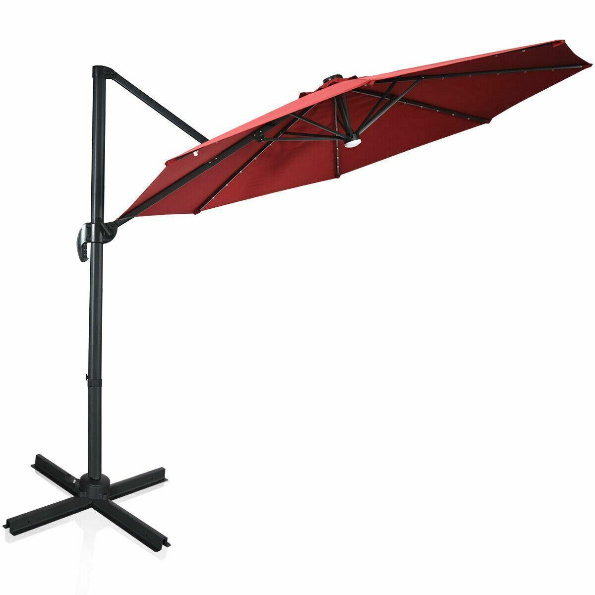 Durable 10 Ft Patio Offset Cantilever Umbrella w/Solar Lights-Wine