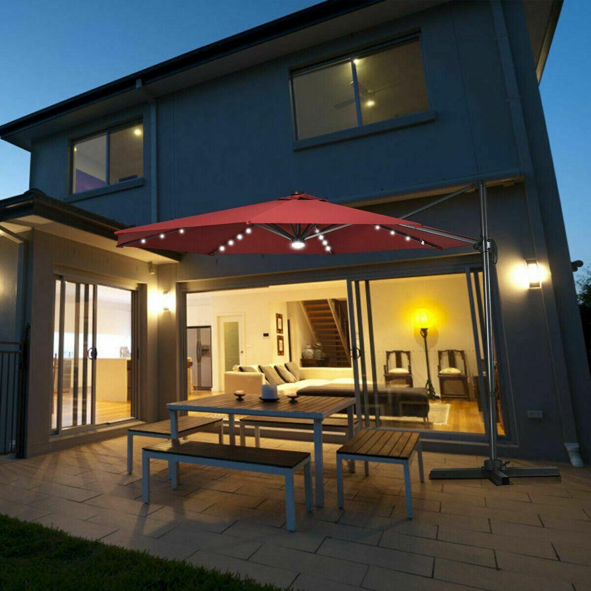 Durable 10 Ft Patio Offset Cantilever Umbrella w/Solar Lights-Wine