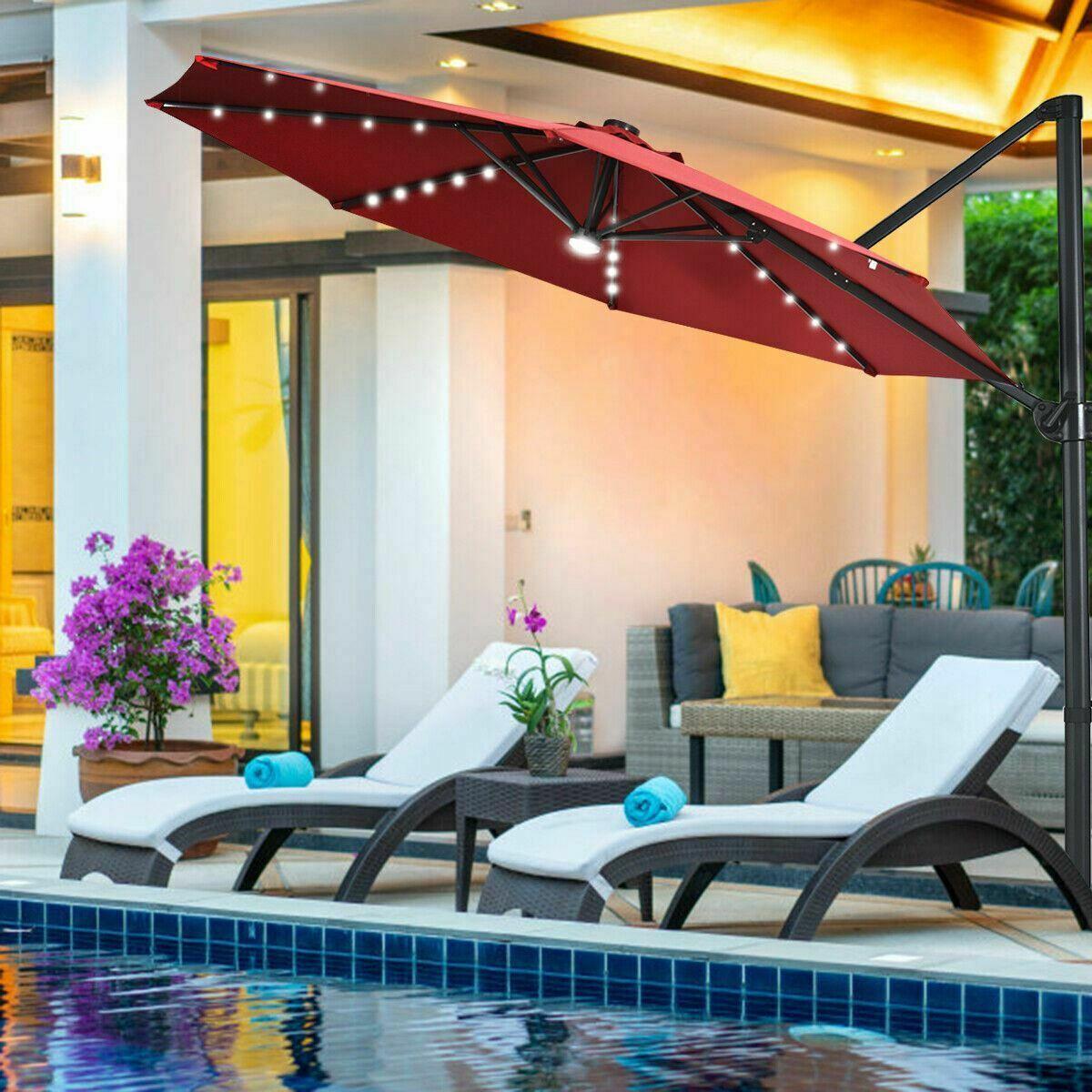 Durable 10 Ft Patio Offset Cantilever Umbrella w/Solar Lights-Wine